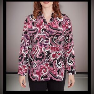 NWT Ruby RdPetite Collar Paisley Printed Pullover Woven Tunic Shirt-Berry Ch-PM